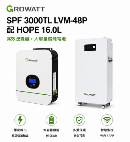 GROWATT 3KW主機 ( 離網型 110V ) + 16度電 儲能