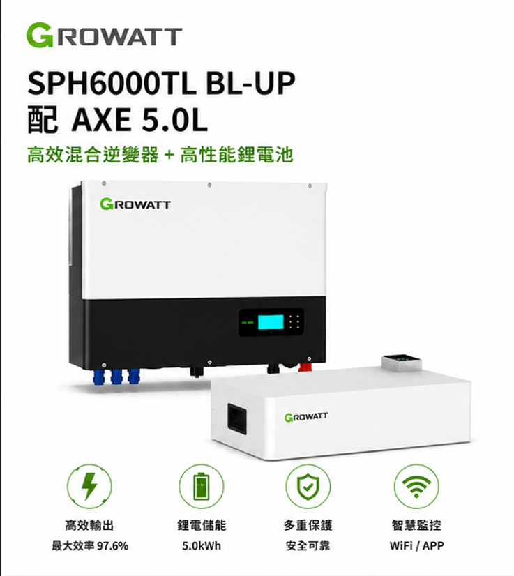 GROWATT 6KW主機 + 5度電 AXE 5.0L 儲能