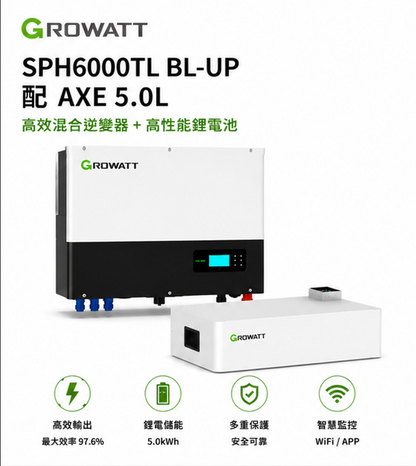 GROWATT 6KW主機 + 5度電 AXE 5.0L 儲能