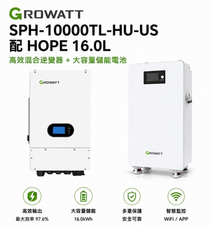 GROWATT 10KW主機 + 16度電 儲能