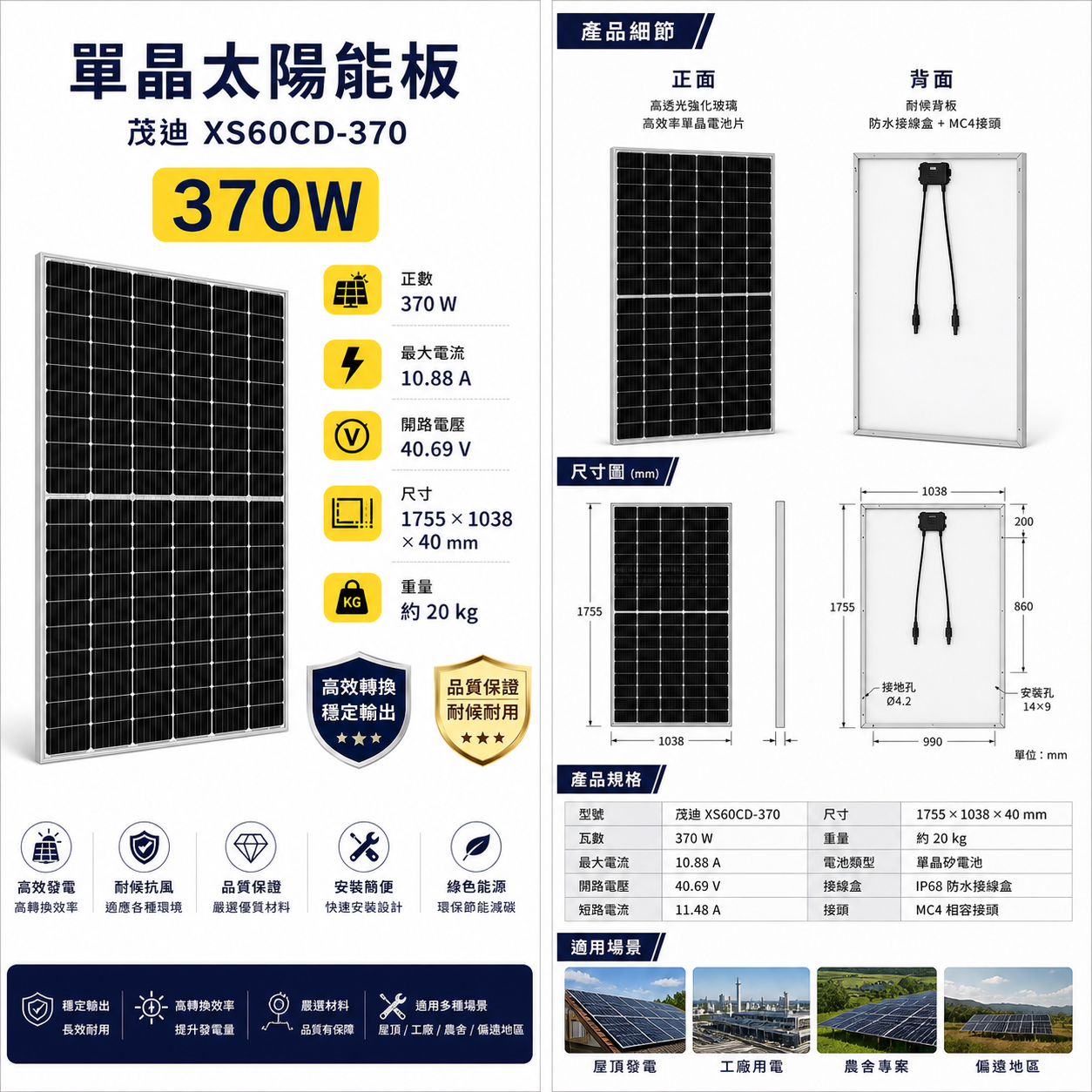 茂迪 單面 雙切 370W A規 躉電規格
