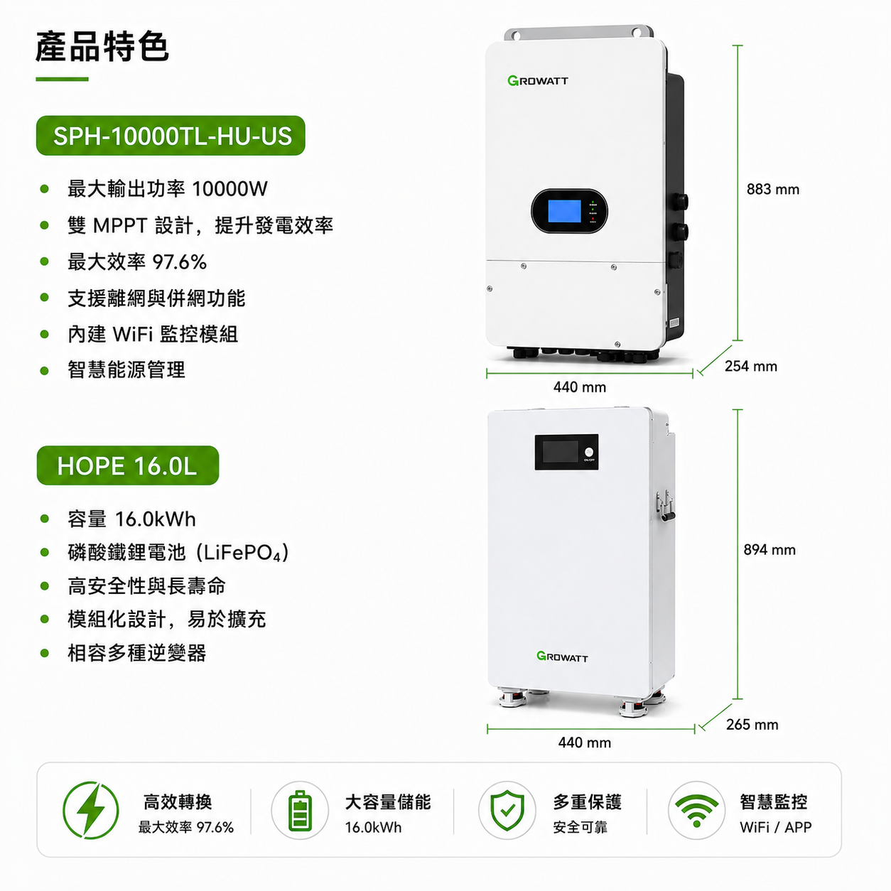 GROWATT 10KW主機 + 16度電 儲能